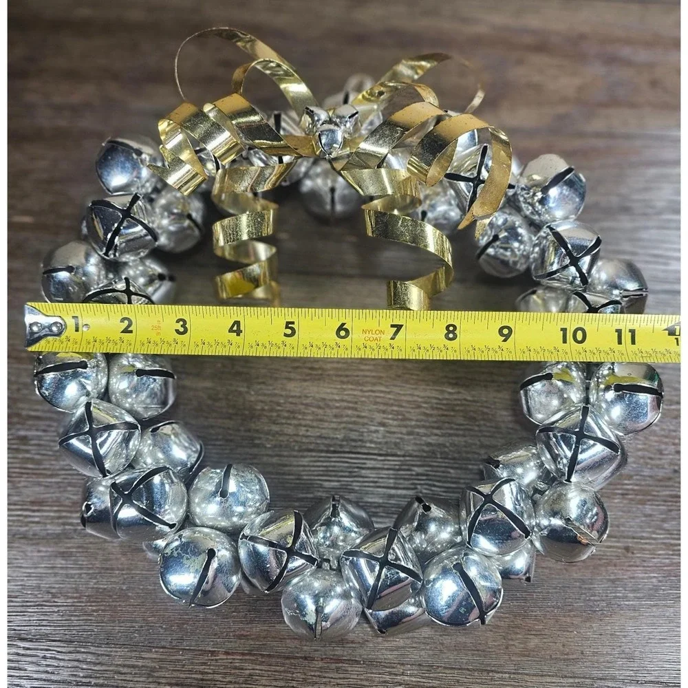 Vintage Silver Jingle Bell Wreath Gold Bow Christmas Door Decor